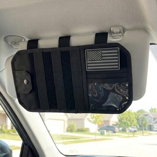 Car Sun Visor Organizer, Multifunctional Car Visor Zip Storage Pouch with Glasses Clip & Card Sleeve Pocket, Auto Interior Semi-Rigid MOLLE Panel for Cars, SUVs, Trucks (Black)