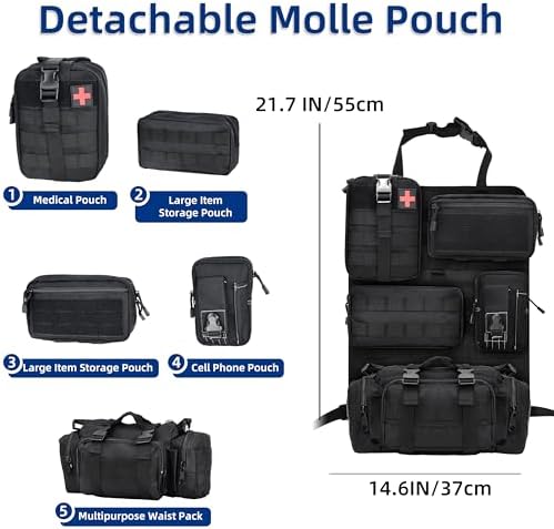 6 Pack Tactical Car Seat Back Organizer,Backseat Organizer with 5 Detachable Molle Pouches,Molle Panel Organizer Fits for Vehicel Such as Jeep,Truck,SUV, Car(Black)