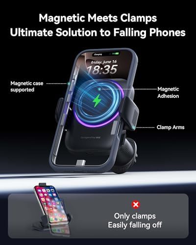 INIU 3-in-1 Magnetic Wireless Car Charger- Extra Clamp for Bumpy Road, Cooling Fan to Extend Battery Life, Original Qi2 Certified 15W Fast Charging for iPhone 12-17 Series Car Charger Holder, Purple