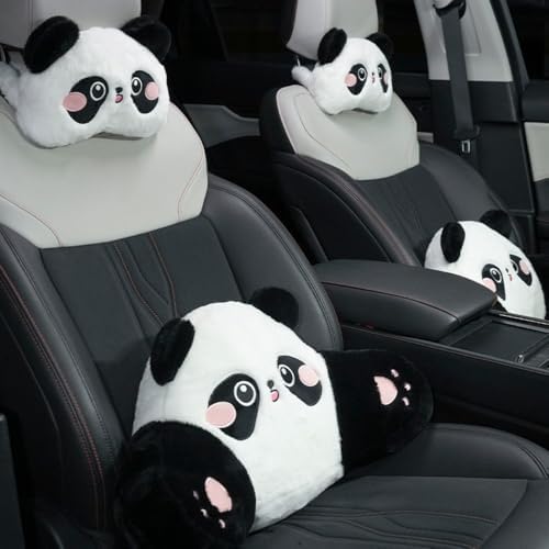 Cute Panda Car Pillow – Plush Neck Support & Lumbar Cushion, Soft Rabbit Fur Material for Headrest & Back Seat Comfort(Set of 2)