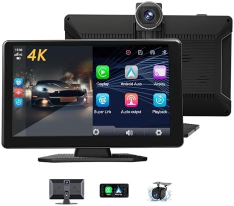 9-Inch Wireless CarPlay & Android Auto Car Stereo with 1080P Backup Camera, 4K Dash Cam, HD Portable Touchscreen/GPS Navigation/Mirror Link/AUX & FM Transmitter/Voice Control for All Vehicles