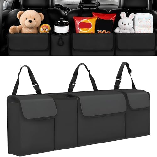 Car Trunk Organizer – Backseat Hanging Large Storage Bag with Adjustable Straps, Waterproof Collapsible Cargo Organizer with 4 Pockets, Space-Saving Trunk Storage for SUV Truck MPV (Black)