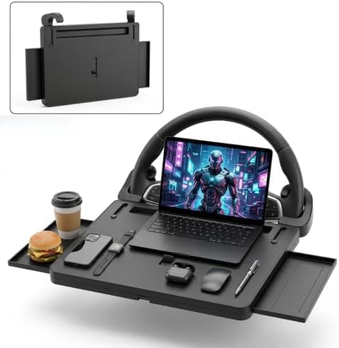 3-in-1 Steering Wheel Tray, Car Desk for Laptop, Food Tray for Eating & Work, Adjustable Car Table with Drawer & Anti-Slip Design, Multipurpose Travel Car Accessories