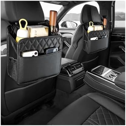 2 PCS Car Back Seat Organizer, Foldable Leather Backseat Hanging Storage Bag with Adjustable Strap, Multifunction Seat Back Organizer Large Capacity Storage Bag with Mesh Pocket
