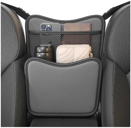 Car Organizer Storage Between Seats, Nappa Leather Front Seat Storage Bag with Tissue Holder, Automotive Console Hanging Net Pocket Handbag Holder for Phone Document (Gray)