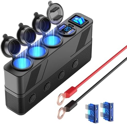 12V 24V Car Charger Socket Splitter with 10FT/3M Cable, 3 Cigarette Lighter Socket Multi 4 Port Adapter Plug with LED Display Master Switch Independent Switch,12 Volt Power Outlet with Eyelet Terminal