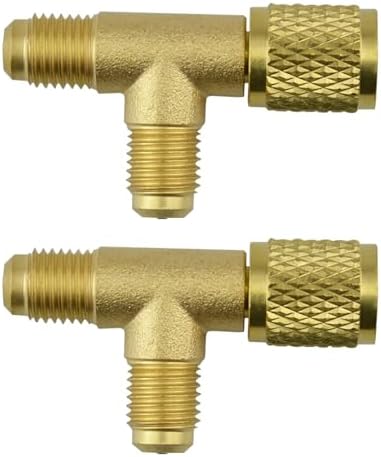 2Pcs Quick Coupler Access Tee, 1/4'' SAE Valves Core Tee Adapter Brass Refrigerant with Swivel Connector, Air Conditioning Line Repair Tools fit for R22 R12 R134 Gauge Deep Vacuum Pump Manifold