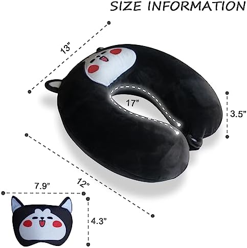 Sexysamba Cartoon Headrest & Neck Pillow for Kids Boys & Girls, Teens, Travel Accessories for Airplane, Car, Recline, Memory Foam Cute Travel Pillow with Sleep Eye Mask - Husky