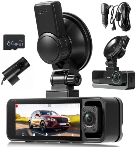 Hodozzy 3 Channel Dash Cam Front and Rear Inside, WiFi GPS, 4K Dash Camera