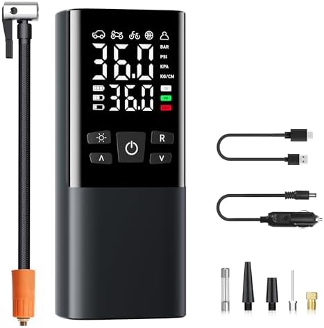 Portable Tire Inflator Air Compressor with LCD Display, LED Light, and Auto-Shut Off Function 150 PSI Portable Air Pump for Cars, Motorcycles, Bicycles, Balls, and More
