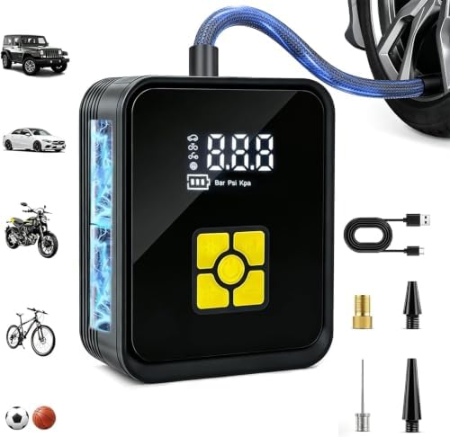 Tire Inflator Portable Air Compressor, Cordless Air Pump with Auto Shut-off for Car, Motorcycle, Bikes, Balls with LED Flashlight & Emergency Power Bank