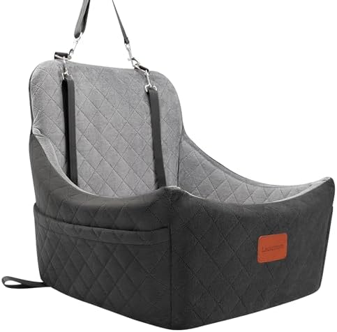 Lealchum Dog Car Seat for Medium Dogs Up to 40lbs,Fully Detachable and Washable,Memory Foam Covered Soft Fabric,Easy to Install with Adjustable Straps,Anti-Slip Base,2 Side Pockets(Black/Grey,Medium)