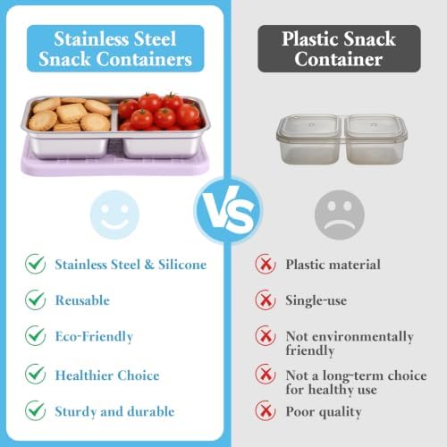 2 Pack Reusable Stainless Steel Snack Containers, Metal Food Containers with Silicione Lids, Stackable Dual Compartment Lunch Box for School Lunch, Travel and Office