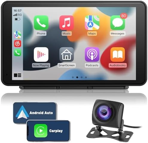 Kunfine Universal Portable Wireless Carplay Screen Android Auto, 7 Inch Touchscreen Wireless Car Play Screen AHD Reverse Camera for Car Support Airplay Voice Control FM Bluetooth AUX