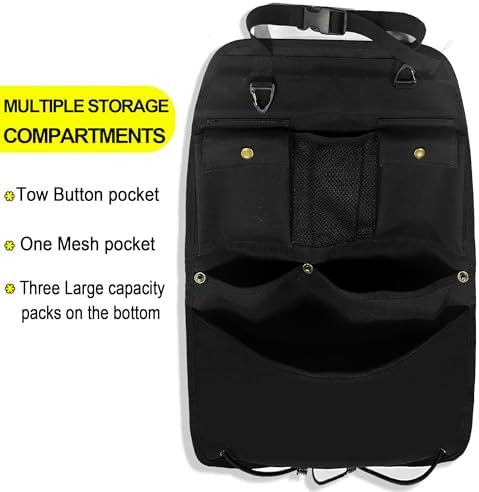 Black Car Seat Back Organizer with Multiple Pockets and Hooks