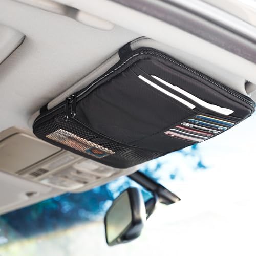 Car Visor Organizer – Non-Sag Adjustable Straps – Nylon Sun Visor Storage Pouch with Card Holders, Pen Slots & Mesh Pockets – Universal Fit for Most Cars, Trucks & SUVs