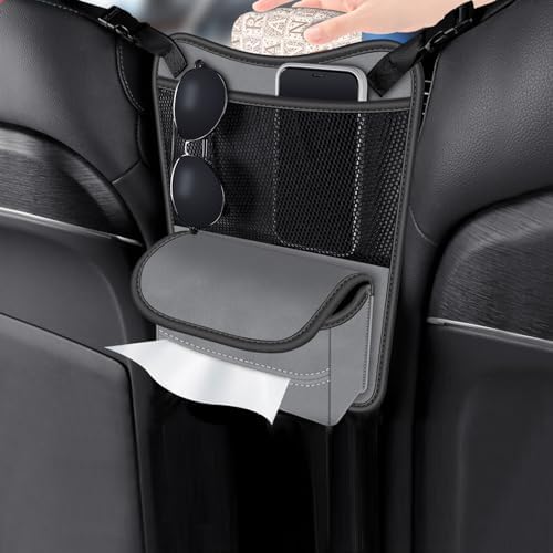 Car Purse Holder Between Seats Car Organizer, Leather Large Capacity Car Handbag Holder for Front Seat, Seat Back Net Bag Double-sided Tissue Storage Handbag Holder Car Accessories (Gray)