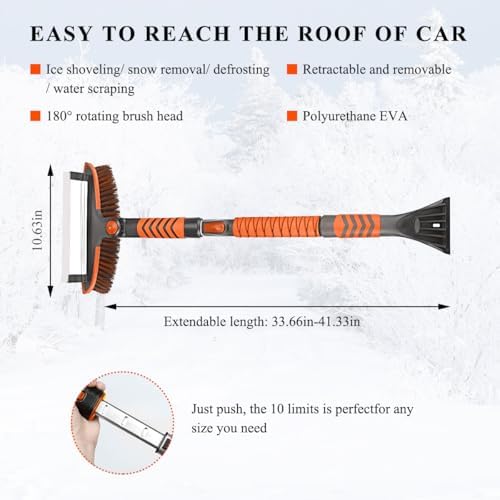 KVAEY 41 Inch Extendable Snow Brush for Car, 3 in 1 Detachable Car Snow Brush and Ice Scraper with Ergonomic Grip, Long Handle Winter Snow Removal Tool for Car, Truck, SUV