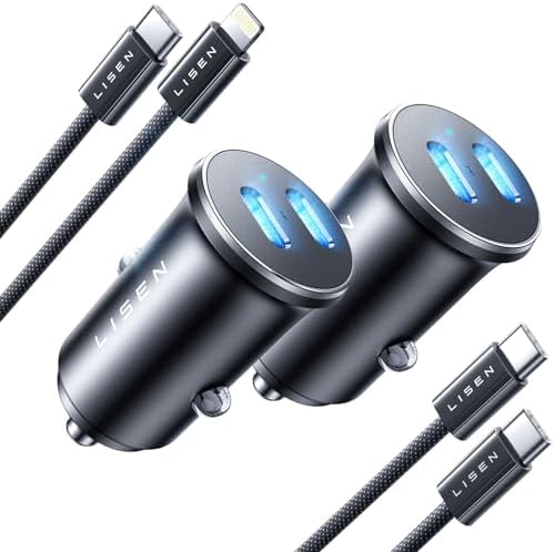 LISEN 2 Pack USB C Car Charger with Lightning Cable & USB C Cable