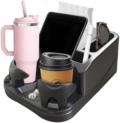 Car Center Console with Adjustable Cup Holders, Universal Center Console Organizer for Truck, Cars, Minivans, Suvs, Truck Floor Console, Bench Seat Center Console (Black)