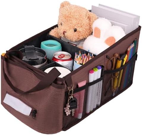 HEYSKAY Car Seat Organizer-Passenger Seat Organizer, Collapsible Small Car Seat Organizer for Console Front/Back, Car Caddy Organizer with 4pc Drink Holders Automotive Backseat Organizer for Kids