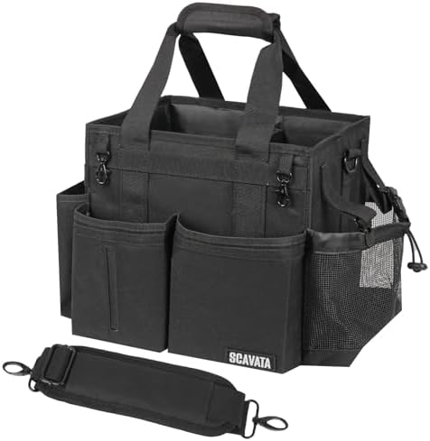 SCAVATA Compact Wearable Cleaning Caddy, Small Supplies Organizer with Handle & Shoulder Straps for Housekeepers, Under Sink & Car Cleaning Tool Organizer Bag (Black)