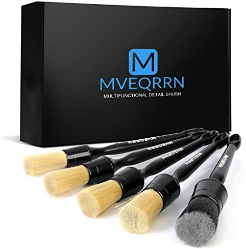 MVEQRRN 5pcs Car Detailing Brush Set, Boar Hair Car Detailing Brushes, Ultra Soft Scratch-Free Car Interior Detail Brush for Leather Seats,Detail Brushes Car Detailing for Interior Exterior.