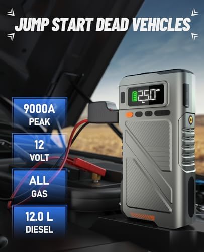 9000A Jump Starter with Air Compressor, Car Charger Portable Jump Box for Car with 150PSI Tire Inflator, Power Pack Jumpstart 12V Vehicle for All Gas/12L Diesel w/Extended Jumper Cable