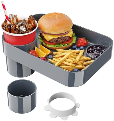Car Seat Cup Holder Snack Tray for Kids, Reduces Mess, Detachable Large Base & Adjustable Ring, Carseat Tray for Toddler, Car Seat Food Tray Table for Kids Travel Road Trip Essentials-Dark Gray