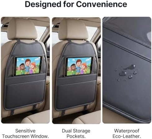 Universal Car Back Seat Protector Kick Mats Fit for Tesla Model 3/Y, Toyota RAV4, Honda CRV, Ford F150, Chevy, SUV & Trucks, Eco-Leather Seat Back Organizer, Waterproof, Black (2 Pack)