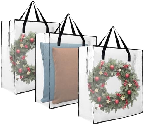 3-Pack 25-Inch Wreath Organizers for Christmas and Holiday Storage | Three clear storage bags hold wreaths and seasonal decor with reinforced handles, sturdy zippers and foldable design.
