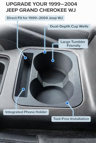 Cup Holder Insert for Jeep Grand Cherokee WJ/WG 1999–2004, Console Replacement with Dual Cup Wells and Phone Holder, Press-Fit Upgrade Organizer