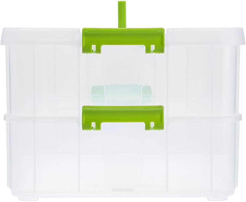 BTSKY 2 Layer Stack & Carry Box, Plastic Multipurpose Portable Storage Container Box Handled Organizer Storage Box for Organizing Stationery, Sewing, Art Craft, Jewelry and Beauty Supplies Green