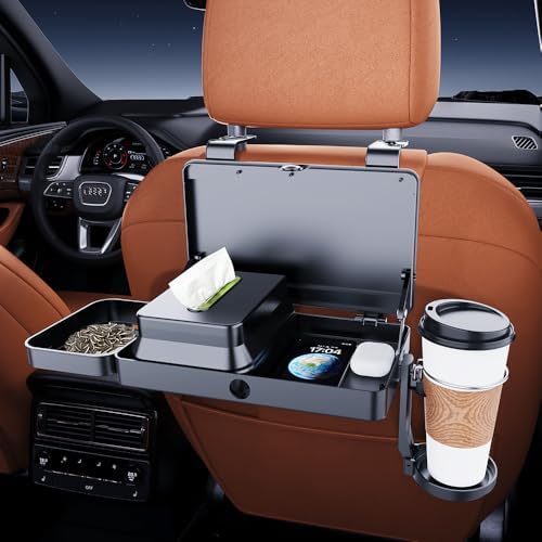 Car Storage Organizer, Multifunctional Car Seat Back Storage Organizer with Cup Holders Tissue Box Hook and Tray 3 in 1 Car Storage Box for SUV Truck Minivan Easy Install No Tools Needed (07)