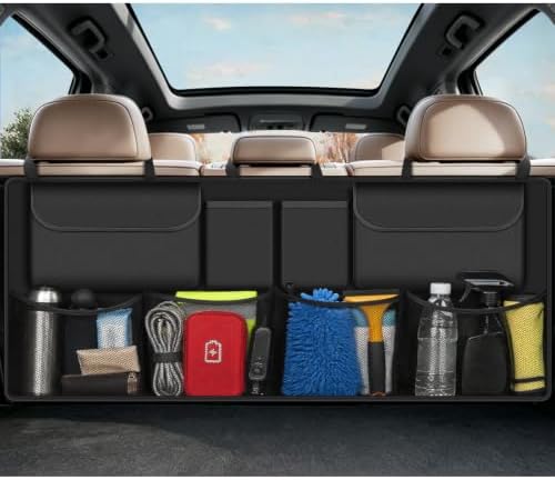 Car Trunk Organizer, Large Capacity Backseat Trunk Storage Organizer with 8 Pockets, Foldable SUV Cargo Organizer for SUV, Truck, Van & MPV, Black