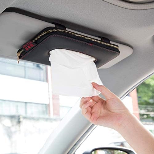Car Tissue Holder - Sun Visor Napkin Holder, PU Leather Backseat Tissue Case with Zipper (Black)
