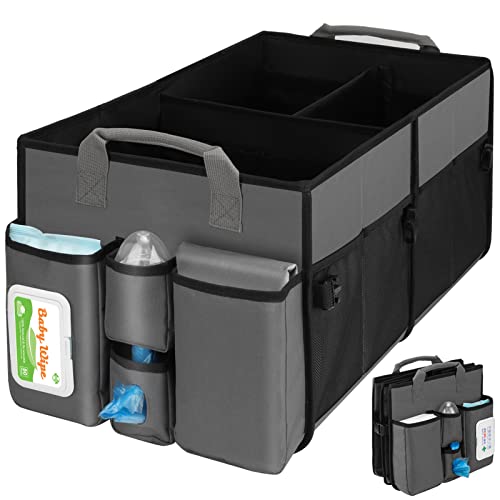 Collapsible Trunk Organizer &amp; Diaper Changing Station, Baby Diaper Caddy Organizer with Movable Dividers, Easy-to-Reach for Back Seat Travel Car Organizer, Waterproof Car Trunk Organizer Groceries