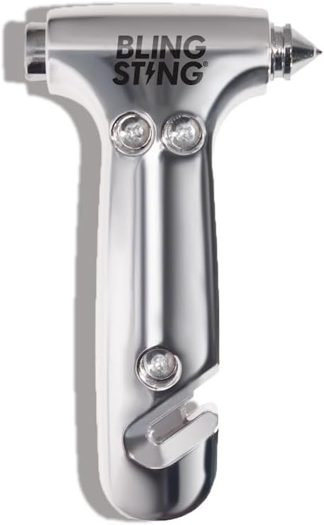 BLINGSTING Safety Hammer - Emergency Automotive Escape Tool with Window Breaker, Seat Belt Cutter & Adjustable Car Visor Strap - Tempered Glass Breaker - Steel Blade - White (1 Count)