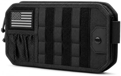 Molle Car Sun Visor Organizer,Car Accessories with Zipper Visor Storage Pouch&Glasses Clip&Adjustable Straps, Semi-Rigid Molle Panel for Tactical Gears, Fits Most Vehicles, SUVs (Black)