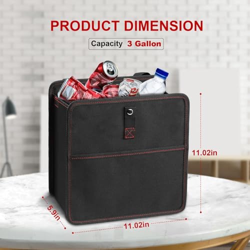 Simple Deluxe 3 Gallon Car Trash Can, Leak-Proof Car Garbage Can with Storage Pockets, Collapsible, Portable and Waterproof, Black
