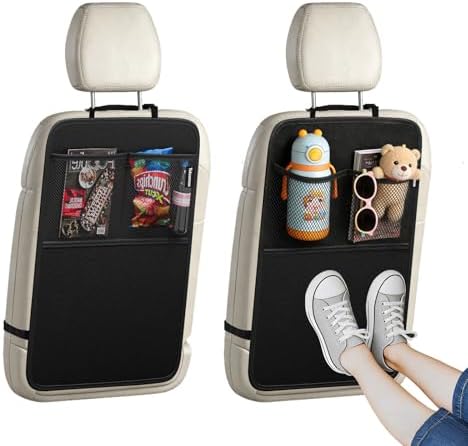 Car Back Seat Protector, 2-Pack Black Waterproof Kick Mats with Custom Storage Pockets, Universal Fit 600D Oxford Fabric Backseat Covers, X-Large Size with Zipper Storage Bag