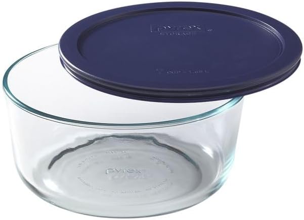Pyrex 7203 7-Cup Glass Bowls and 7402-PC Blue Lids (2-Pack) - Made in USA | BPA-Free Plastic | Secure Seal | Non-Porous Material | Stackable Design | Refrigerator Safe