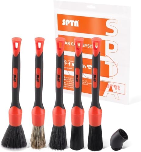 Detailing Brush Set, Car Detail Brush, 5 Different Sizes, Premium Natural Hair Mixed Fibre, Plastic Handle, Car Detailing Brushes for Cleaning Wheels, Engine, Interior, Ventilation Slots -BRFCD16