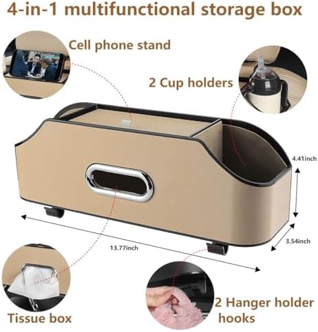 Backseat Car Organizer with 2 Drink Cup Holder - Tissue Holder - Car Seat Hooks for Headrest - Multi-functional Storage for Travel - Perfect for Kids, Adults(Beige)