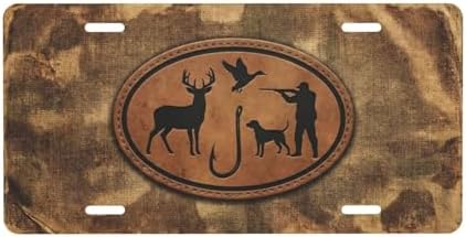 Hunting Camo Deer Duck Dog Aluminum License Plate 6x12 | Hunting Camo Decor, Standard 6x12 In, UV Printed Aluminum, 4 Pre-drilled Holes, Outdoor Front Plate, Not for DMV Use.