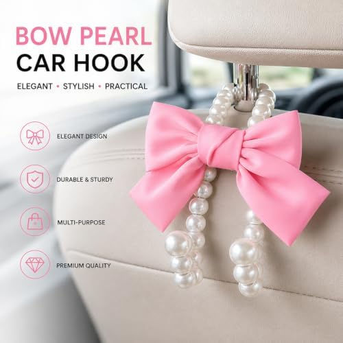 4 Pcs Satin Bow Pearl Car Seat Headrest Hook Cute Car Accessories for Women Coquette Bowknot Vehicle Hooks for Purses and Bags Universal for SUV, Sedan, Truck (Pink)