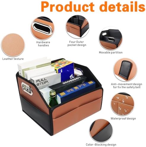Noaman Car Organizer - 2025 Upgraded Leather Car Storage Organizer for Front Back Seat or Floor with 3 Metal Handles 6 Apartments, Multipurpose Car Organizers and Storage Brown.