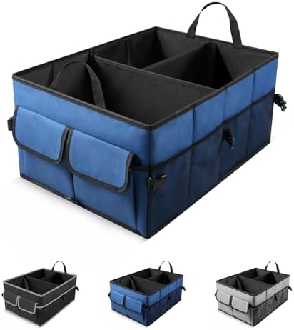 UYYE Auto Collapsible Trunk Organizer, 3 Large Compartments and 6 Pockets Durable for Cargo Storage, Easy to Storage Tools With Adjustable Securing Straps and Non-Slip Bottom for Car (Dark Blue)