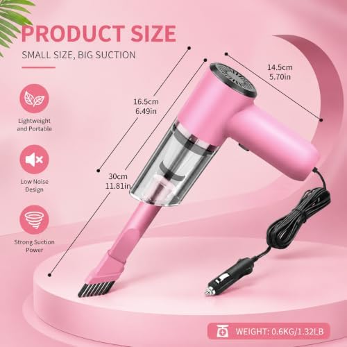 1-Piece Corded Car Vacuum, Portable Handheld Interior Cleaner, Pink
