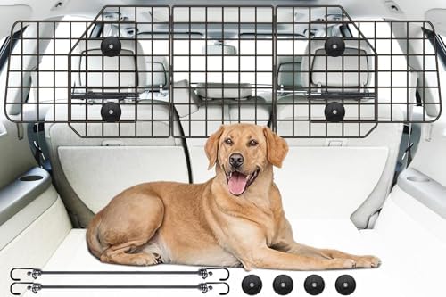 Gtongoko Dog Car Barrier for SUV, Heavy Duty Steel Wire Mesh Pet Divider for Vehicles Adjustable Universal Fit Dog Travel Barrier for Cars Trucks & SUVs, Cargo Area Safety Gate with Elastic Ropes
